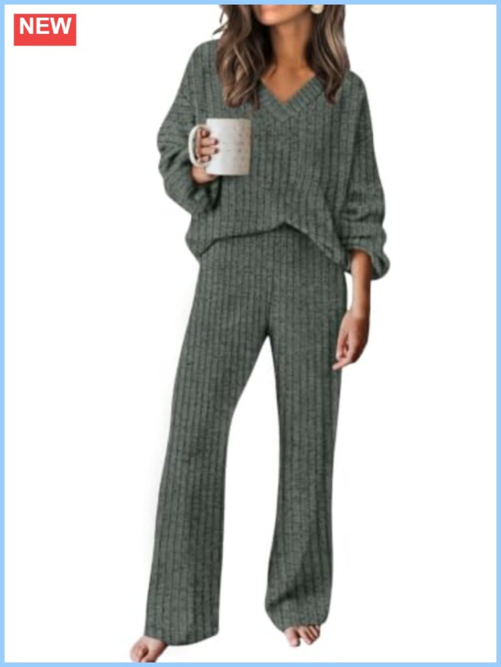 Women's Cozy Lounge Set V-Neck Sweater Wide Leg Pants Travel Outfit